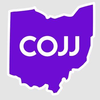 A blue outline of the state of Ohio, with the letters "COJJ" in white across the center.