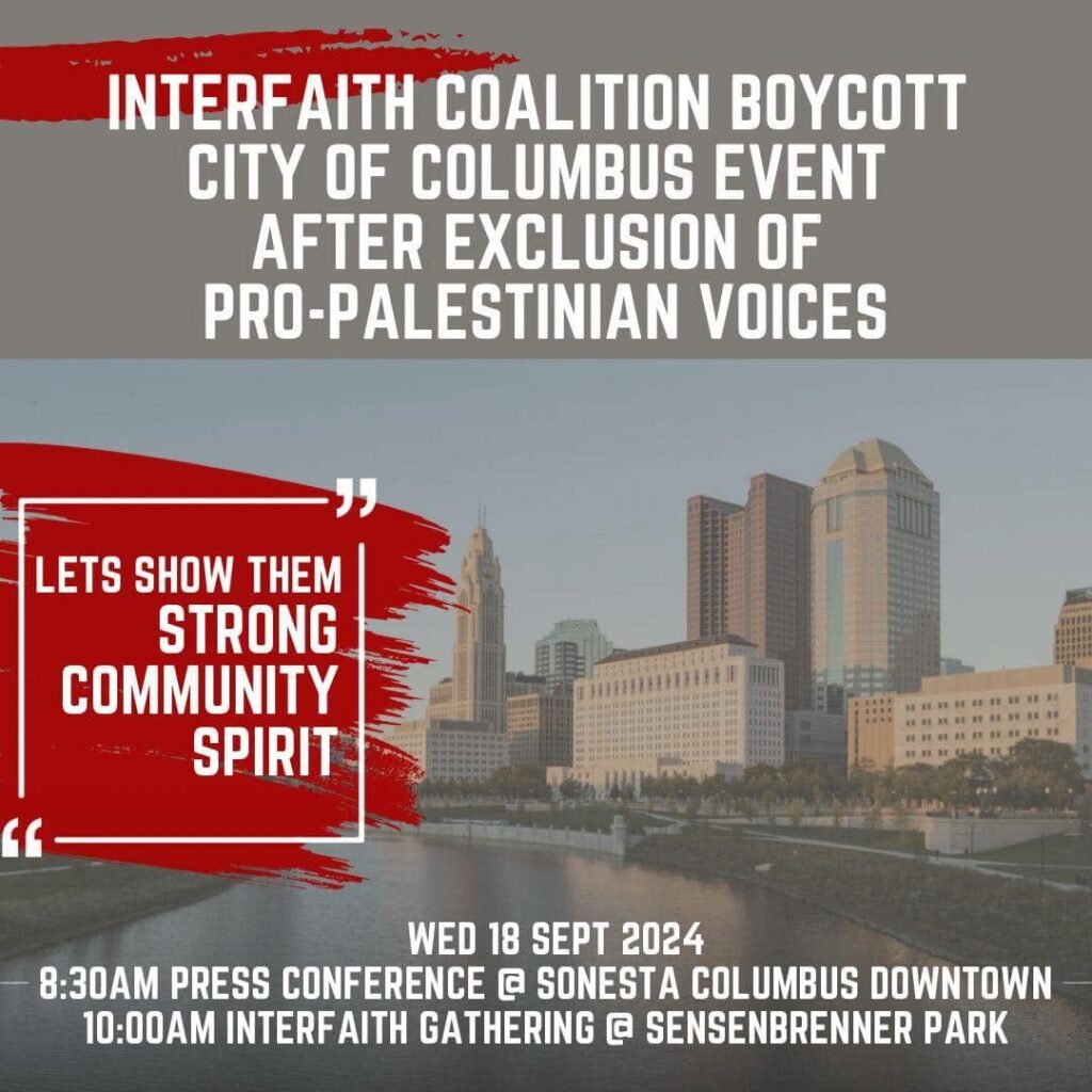 2024 Event Poster for Interfaith Coalition Boycott City of Columbus Event After Exclusion of Pro-Palestinian Voices.